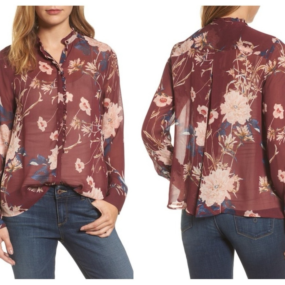 LUCKY BRAND Semi-Sheer Floral Chiffon Blouse Boho Cottage Feminine X-Large
